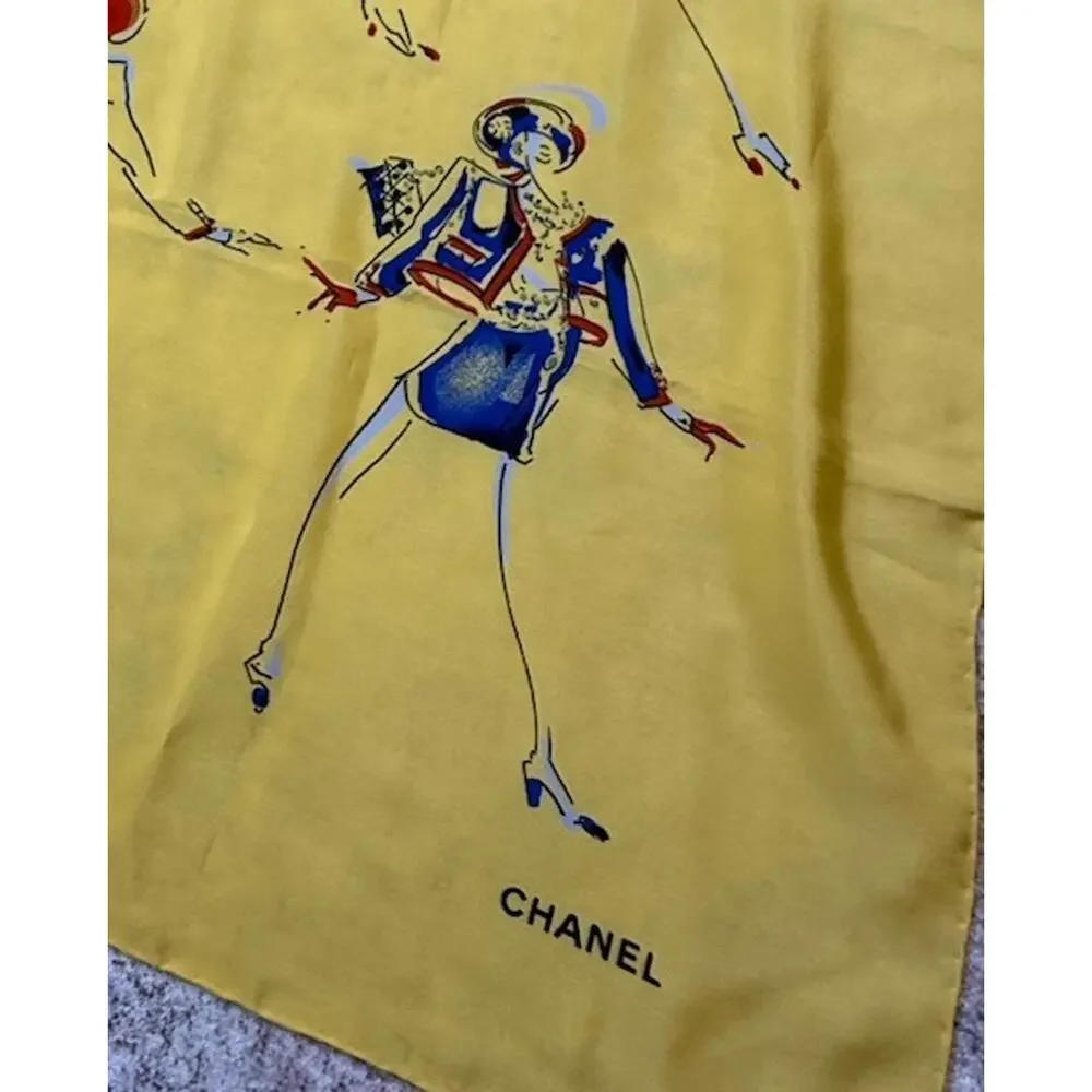 VTG 100% Authentic chanel silk scarf Rare Marine Fashion Illustration Sketch